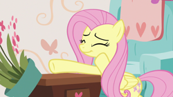 Size: 1280x720 | Tagged: safe, derpibooru import, screencap, fluttershy, pegasus, pony, discordant harmony, animation error, bad pony, bipedal, bipedal leaning, cute, everything is ruined, eyes closed, female, fuck the police, leaning, mare, plant, pure unfiltered evil, pushing, shyabetes, smiling, solo