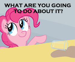 Size: 575x471 | Tagged: safe, derpibooru import, pinkie pie, earth pony, pony, chocolate, chocolate milk, everything is ruined, exploitable meme, fuck the police, image macro, meme, milk, moral event horizon, pure unfiltered evil, smug, spilled milk, taunting