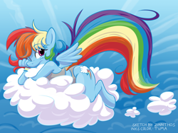 Size: 1200x900 | Tagged: safe, artist:1trick, artist:zinnthos, derpibooru import, rainbow dash, anthro, unguligrade anthro, collaboration, blushing, cloud, female, prone, sky, solo, wristband