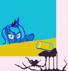 Size: 968x1008 | Tagged: artist needed, source needed, safe, princess luna, alicorn, pony, /mlp/, chocolate, chocolate milk, everything is ruined, exploitable meme, heart, meme, milk, pixel art, pixelcanvas, pure unfiltered evil, solo, spilled milk, void