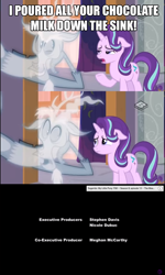 Size: 1360x2267 | Tagged: safe, edit, edited screencap, screencap, discord, starlight glimmer, ghost, a matter of principals, chocolate, chocolate milk, comic, credits, credits screen, daimando is going to hell, duo, everything is ruined, exploitable meme, ghost discord, implied chocolate milk, meme, milk, pure unfiltered evil, screencap comic, spilled milk
