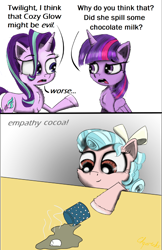 Size: 1500x2308 | Tagged: safe, artist:chopsticks, cozy glow, starlight glimmer, twilight sparkle, twilight sparkle (alicorn), alicorn, pegasus, pony, unicorn, adoracreepy, bow, cozy glow's true goal, cozybetes, creepy, cute, dialogue, empathy cocoa, everything is ruined, female, filly, hair bow, meme, moral event horizon, pure concentrated unfiltered evil of the utmost potency, pure unfiltered evil, spilled milk