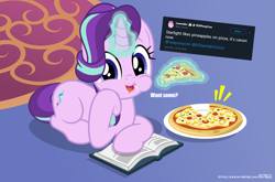 Size: 5659x3738 | Tagged: safe, artist:jhayarr23, starlight glimmer, pony, unicorn, betrayal, book, chipmunk cheeks, cruel, cute, dialogue, eating, everything is ruined, food, glimmerbetes, glowing horn, impact font, it begins, kelly sheridan, looking at you, lying down, meme, meme origin, messy eating, meta, monster, moral event horizon, pineapple pizza, pizza, project seaponycon, pure concentrated unfiltered evil of the utmost potency, pure unfiltered evil, solo, that pony sure does love pineapple pizza, twitter, vector