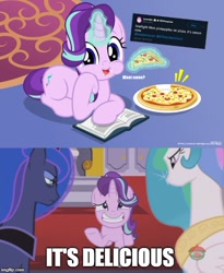 Size: 500x609 | Tagged: safe, artist:jhayarr23, edit, edited screencap, screencap, princess celestia, princess luna, starlight glimmer, alicorn, pony, unicorn, a royal problem, eating, everything is ruined, food, pineapple pizza, pizza, pure unfiltered evil, that pony sure does love pineapple pizza