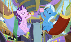 Size: 3667x2177 | Tagged: safe, artist:potato22, edit, edited screencap, screencap, starlight glimmer, trixie, best gift ever, blurry background, drinking, duo, everything is ruined, eyes closed, food, meta, pineapple pizza, pizza, that pony sure does love pineapple pizza, twitter, wagon