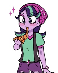 Size: 499x629 | Tagged: safe, artist:gloomynyan, starlight glimmer, equestria girls, mirror magic, spoiler:eqg specials, :3, beanie, clothes, eating, everything is ruined, female, food, happy, hat, meat, pants, pepperoni, pineapple, pineapple pizza, pizza, pure unfiltered evil, shirt, simple background, smiling, solo, that pony sure does love pineapple pizza, watch, white background, wristwatch