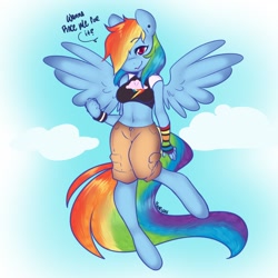 Size: 1024x1024 | Tagged: safe, artist:yuuri, derpibooru import, rainbow dash, anthro, unguligrade anthro, belly button, female, flying, hair over one eye, midriff, sky, solo