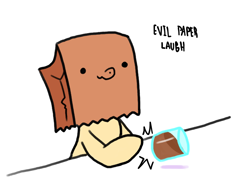 Size: 700x500 | Tagged: safe, artist:paperbagpony, derpibooru exclusive, oc, oc:paper bag, pony, chocolate, chocolate milk, everything is ruined, evil, evil is petty, evil laugh, meme, milk, paper bag, pure unfiltered evil, simple background, spilled milk, white background