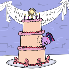 Size: 552x570 | Tagged: safe, artist:jargon scott, twilight sparkle, unicorn, banner, birthday cake, cake, candle, eating, everything is ruined, female, food, happy birthday, mare, mispelled names, solo, this will end in weight gain, twiggie, twiggy piggy, we couldn't fit it all in, welcome princess celest