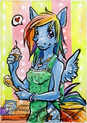 Size: 541x761 | Tagged: safe, artist:oo0shed0oo, derpibooru import, rainbow dash, anthro, apron, breasts, clothes, cupcake, heart, naked apron, small breasts