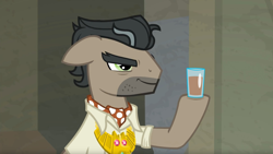 Size: 1920x1080 | Tagged: safe, edit, edited screencap, screencap, doctor caballeron, earth pony, pony, daring doubt, caballeron's item, chocolate, chocolate milk, everything is ruined, floppy ears, food, glass, male, meme, milk, pure unfiltered evil, smiling, solo, stallion, this will end in spilled milk