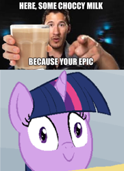 Size: 680x937 | Tagged: safe, twilight sparkle, caption, chocolate, chocolate milk, everything is ruined, female, grammar error, image macro, mare, markiplier, meme, milk, misspelling, misspelling of you're, pure unfiltered evil, smiling, text, this will end in spilled milk, this will end in tears, this will not end well