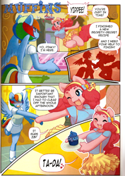 Size: 850x1200 | Tagged: safe, artist:leche, derpibooru import, pinkie pie, rainbow dash, anthro, comic:muffins, breasts, comic, female, hoofbeat, lesbian, muffin, pinkie pies, pinkiedash, poison joke, shipping