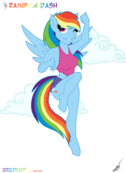 Size: 842x1158 | Tagged: safe, artist:felonykat, derpibooru import, rainbow dash, anthro, pegasus, clothes, cloud, female, fist, flying, multicolored hair, multicolored tail, one eye closed, pants, signature, simple background, smiling, solo, spread wings, tanktop, white background, wings