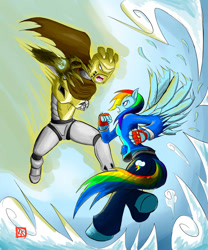 Size: 900x1080 | Tagged: safe, artist:lordvader914, derpibooru import, rainbow dash, anthro, unguligrade anthro, bionicle, crossover, epic, fight, lego, takanuva, twilight gauntlet