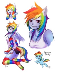 Size: 720x900 | Tagged: safe, artist:reituki, derpibooru import, rainbow dash, anthro, ambiguous facial structure, anthro with ponies, bust, clothes, dashface, rainbow socks, socks, stockings, striped socks, tanktop