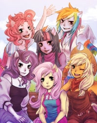 Size: 712x900 | Tagged: safe, artist:reituki, derpibooru import, applejack, fluttershy, pinkie pie, rainbow dash, rarity, twilight sparkle, anthro, earth pony, pony, ambiguous facial structure, cute, looking at you, mane six, mane six opening poses, moe, one eye closed, open mouth, wink