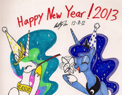 Size: 1024x804 | Tagged: safe, artist:newyorkx3, princess celestia, princess luna, alicorn, pony, 2013, duo, duo female, eyes closed, female, happy new year, hat, hilarious in hindsight, holiday, mare, new year, party hat, traditional art