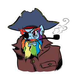 Size: 940x946 | Tagged: safe, artist:willdrawforfood1, derpibooru import, rainbow dash, anthro, beard, bicorne, eyepatch, hat, pipe, pirate, simple background, solo