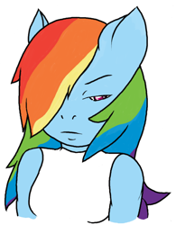 Size: 760x976 | Tagged: artist needed, source needed, safe, derpibooru import, rainbow dash, anthro, angry, bust, clothes, frown, hair over one eye, looking at you, rainbow dash is not amused, shirt, unamused, undershirt