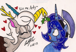 Size: 948x648 | Tagged: safe, artist:newyorkx3, discord, eris, prince artemis, princess luna, alicorn, pony, artemabetes, arteris, cute, dialogue, eyes closed, female, heart, holly, holly mistaken for mistletoe, lunacord, male, rule 63, rule63betes, shipping, simple background, stallion, straight, traditional art, white background