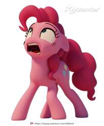 Size: 1680x2048 | Tagged: safe, artist:therealdjthed, pinkie pie, earth pony, pony, 3d, 3d model, blender, cycles, cycles render, female, floppy ears, frown, looking up, mare, model:djthed, open mouth, patreon, patreon logo, scared, simple background, solo, transparent background, wide eyes