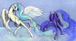 Size: 2000x1080 | Tagged: safe, artist:silfoe, derpibooru import, princess celestia, princess luna, alicorn, pony, beach, duo, duo female, female, mare, sisters