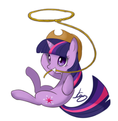 Size: 966x994 | Tagged: safe, artist:maren, derpibooru import, twilight sparkle, pony, unicorn, applejack's hat, female, hat, horn, lasso, mare, mouth hold, multicolored mane, multicolored tail, purple coat, rope, signature, simple background, smiling, transparent background