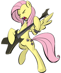 Size: 640x766 | Tagged: safe, artist:rainbowderpy, artist:rubrony, color edit, derpibooru import, edit, fluttershy, pegasus, pony, bipedal, brütal, colored, electric guitar, female, guitar, mare, metal, metalshy, music, musical instrument, playing instrument, simple background, solo, transparent background