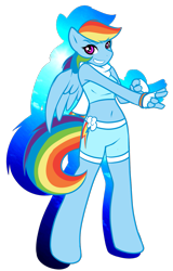 Size: 893x1398 | Tagged: safe, artist:mewglethewolf, derpibooru import, rainbow dash, anthro, belly button, clothes, fingerless gloves, gloves, midriff, shorts, solo, sports bra