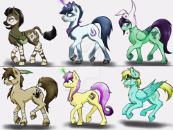 Size: 1024x768 | Tagged: safe, artist:bootsdotexe, oc, oc only, oc:collybree, oc:featherfall, oc:opal, oc:ruby cube, oc:shutterjack, oc:windstrike, earth pony, okapi, pegasus, pony, unicorn, bandana, feather, female, goggles, gray background, leg wrapping, male, mare, simple background, stallion, tail wrap