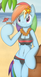 Size: 457x866 | Tagged: safe, artist:tg-0, derpibooru import, rainbow dash, anthro, arm hooves, beach, belly button, bikini, clothes, flower, flower in hair, hawaiian flower in hair, lei, solo, swimsuit