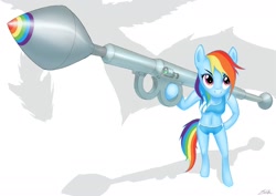 Size: 1280x905 | Tagged: artist needed, source needed, safe, derpibooru import, rainbow dash, anthro, pegasus, blue coat, clothes, female, looking up, missile, multicolored hair, multicolored tail, rpg, shadow, shorts, simple background, solo, tanktop, weapon, white background