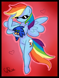 Size: 823x1080 | Tagged: safe, artist:asikku, derpibooru import, rainbow dash, anthro, crossover, crossover shipping, female, interspecies, male, plushie, shipping, sonic the hedgehog, sonic the hedgehog (series), sonicdash, straight, sunglasses