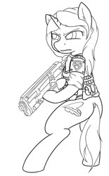 Size: 866x1400 | Tagged: safe, artist:monanniverse, derpibooru exclusive, oc, oc only, oc:mona, pony, semi-anthro, bipedal, grayscale, gun, monochrome, simple background, solo, weapon, white background, x-com, xcom 2