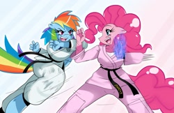 Size: 2253x1464 | Tagged: safe, artist:ss2sonic, derpibooru import, pinkie pie, rainbow dash, anthro, black belt, breasts, female, fight, gi, karate, pinkie pies, rainboob dash