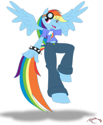 Size: 1289x1573 | Tagged: safe, artist:m a c d, derpibooru import, rainbow dash, anthro, pegasus, blue coat, blue wings, clothes, cutie mark, eye clipping through hair, flying, goggles, hand on head, jeans, multicolored hair, multicolored tail, shirt, signature, simple background, spiked wristband, spread wings, transparent background, wings