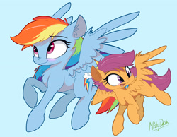 Size: 2988x2314 | Tagged: safe, artist:mistydash, rainbow dash, scootaloo, pegasus, pony, blushing, female, filly, flying, mare, open mouth, raised hoof, signature, sky, smiling, spread wings