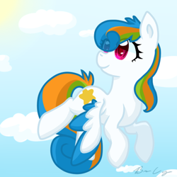 Size: 415x415 | Tagged: safe, artist:cloureed, oc, oc only, oc:chasing clouds, pegasus, pony, flying, looking back, sky, solo