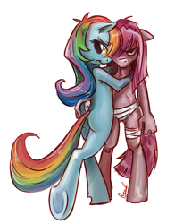 Size: 508x649 | Tagged: dead source, safe, artist:fiarel, derpibooru import, pinkie pie, rainbow dash, anthro, fanfic:cupcakes, bandage, bipedal, female, lesbian, pinkamena diane pie, pinkiedash, shipping