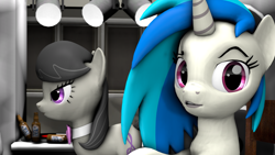 Size: 2560x1440 | Tagged: safe, artist:redaceofspades, dj pon-3, octavia melody, vinyl scratch, earth pony, pony, unicorn, 3d, bottle, lights, looking at you, octavia is not amused, source filmmaker, unamused, unhappy