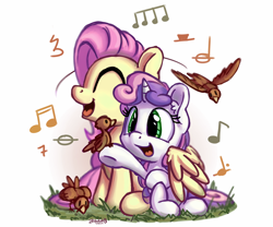 Size: 1200x1000 | Tagged: safe, artist:bobdude0, fluttershy, sweetie belle, bird, pegasus, pony, cute, diasweetes, duo, hug, music, music notes, shyabetes, singing, sitting, weapons-grade cute, winghug