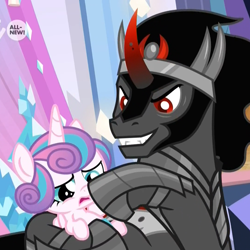 Size: 1080x1080 | Tagged: safe, screencap, king sombra, princess flurry heart, pony, unicorn, the beginning of the end, boop, cropped, do not want, everything is ruined, evil grin, fangs, female, foal, grin, hostage, male, moral event horizon, non-consensual booping, pure unfiltered evil, smiling, stallion, you monster