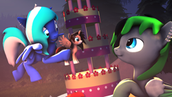 Size: 1920x1080 | Tagged: safe, artist:star-lightstarbright, oc, oc only, oc:granite streak, oc:savannah reed, oc:starlight starbright, alicorn, pegasus, pony, 3d, birthday, birthday cake, cake, food, source filmmaker, toy