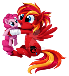 Size: 1024x1121 | Tagged: safe, artist:centchi, pinkie pie, oc, oc:fire strike, pony, holding a pony, plushie, watermark