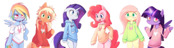Size: 3840x1080 | Tagged: safe, artist:hoodie, applejack, fluttershy, pinkie pie, rainbow dash, rarity, twilight sparkle, twilight sparkle (alicorn), earth pony, pegasus, pony, semi-anthro, unicorn, alternate hairstyle, bipedal, blushing, bottomless, clothes, floppy ears, hairband, hoodie, magic, mane six, pigtails, simple background, wallpaper, white background, wings