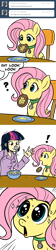 Size: 756x3400 | Tagged: safe, artist:megasweet, fluttershy, twilight sparkle, oc, oc:futashy, human, pegasus, pony, are you a wizard, ask futashy, cereal, collar, female, food, futa, futashy, futaverse, human female, humanized, intersex, pet tag, sitting, spoon, starry eyes, waffle, wingding eyes