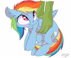 Size: 2917x2363 | Tagged: dead source, safe, artist:mistydash, rainbow dash, oc, oc:anon, human, pegasus, pony, :t, blushing, chest fluff, cute, dashabetes, disembodied hand, ear fluff, female, fluffy, hand, holding a pony, leg fluff, lifting, looking back, looking up, mare, nose wrinkle, simple background, smiling, solo focus, white background, wing fluff