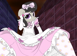 Size: 3000x2194 | Tagged: safe, artist:avchonline, octavia melody, anthro, alice in wonderland, clothes, dress, evening gloves, giantess, gloves, hair bow, macro, makeup, pantyhose, petticoat, pinafore, ribbon, ruffles, scene interpretation, solo, sweet lolita