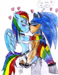 Size: 1500x1945 | Tagged: safe, artist:teamavalanchemember2, derpibooru import, rainbow dash, anthro, background pony strikes again, crossover shipping, female, kissing, male, shipping, sonic the hedgehog, sonic the hedgehog (series), sonicdash, straight